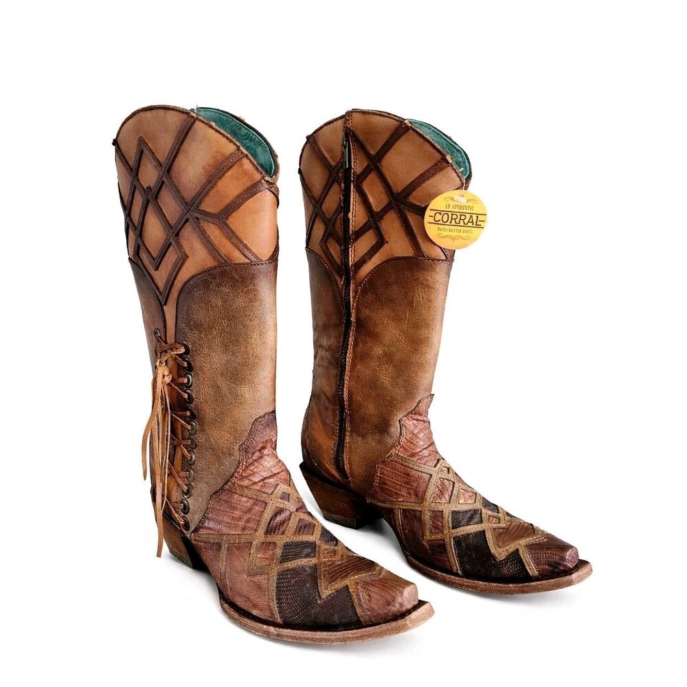 Corral Women's Honey Lizard Laser Overlay Lace-Up Western Boots C3189 Snip Toe